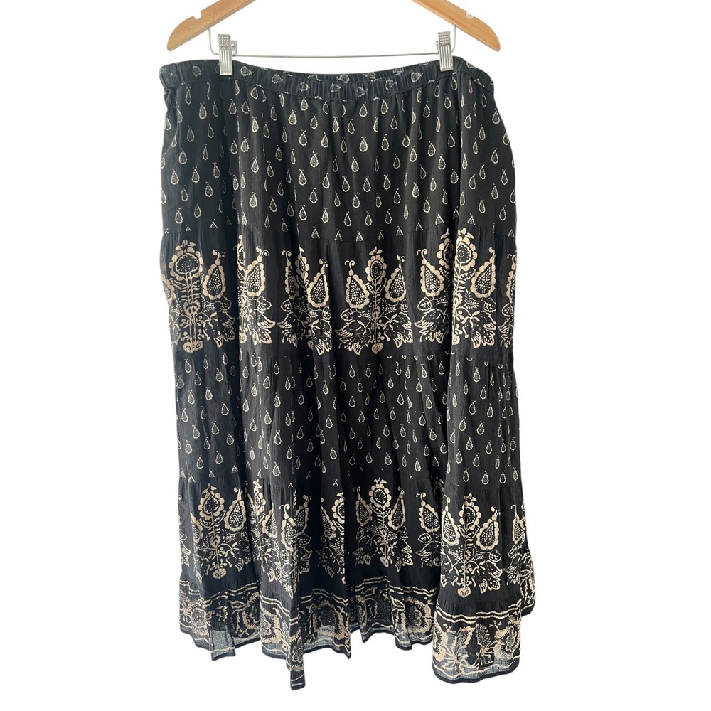 Lauren Ralph Lauren 2X Black Tan Paisley Cotton Tiered Maxi Skirt Boho Casual - Picture 2 of 6